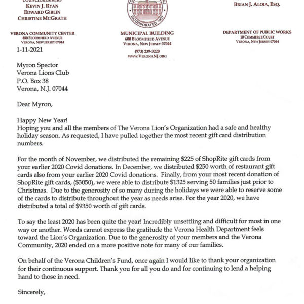 Thank You Letter from the Town of Verona for Annual Gift Card Program