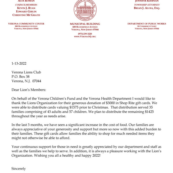 Thank You Letter from the Town of Verona for 2021 VLC Holiday donation
